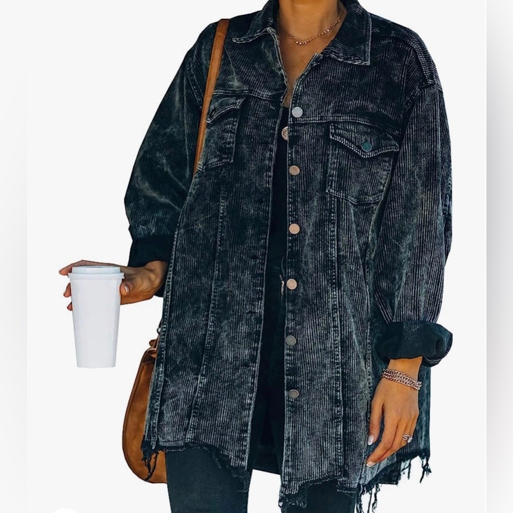 Women's Casual Oversized Button Down Corduroy Jacket Coat Washed Retro Shacket